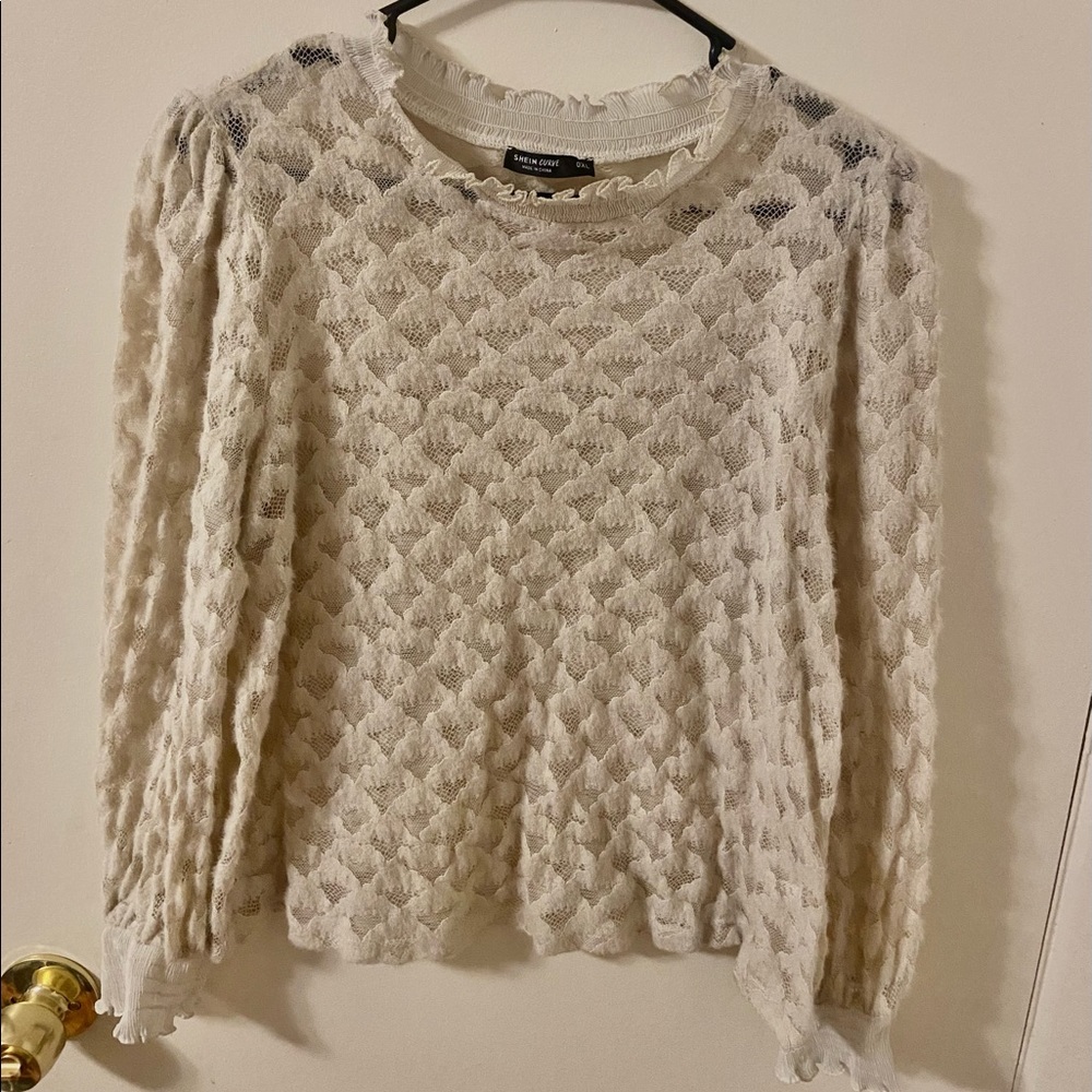 Off-White Scalloped Mesh Blouse by SHEIN